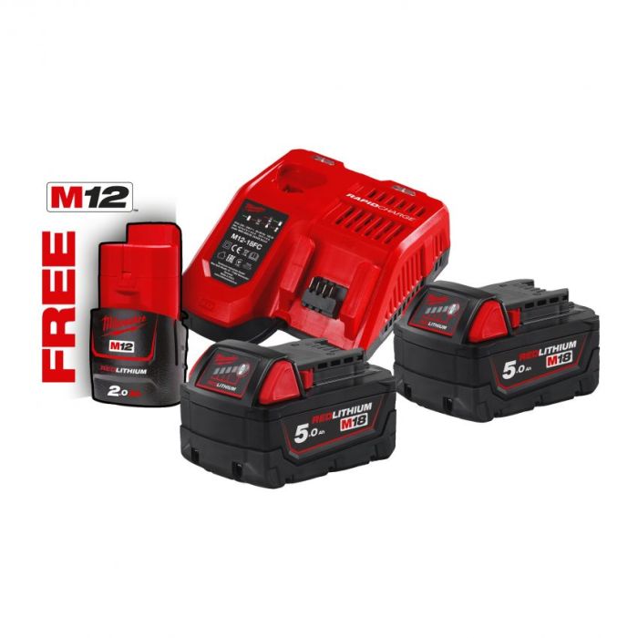 Набір акумулятора та зарядного пристрою Milwaukee NRG-502 12В 1х2А·год Redlithium M12 18В 2х5А·год Redlithium M18 ЗП M12-18FC