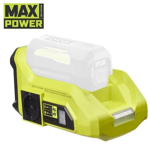 Інвертор напруги акумуляторний Ryobi Max Power RY36BI300A-0 36В 300/500Вт розетка 1х220В роз'єм 1хUSB 1хType-C 0.85кг без АКБ та ЗП