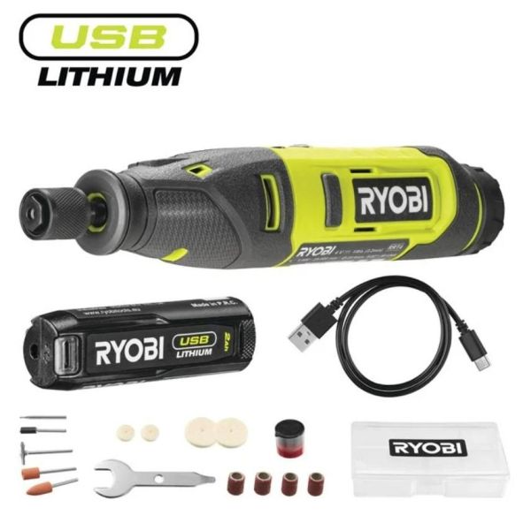 Шліфмашина шліфувально-гравірувальна акумуляторна Ryobi USB Lithium RRT4-120GA15 4В 1х2А·год 15 аксесуарів 0.23кг