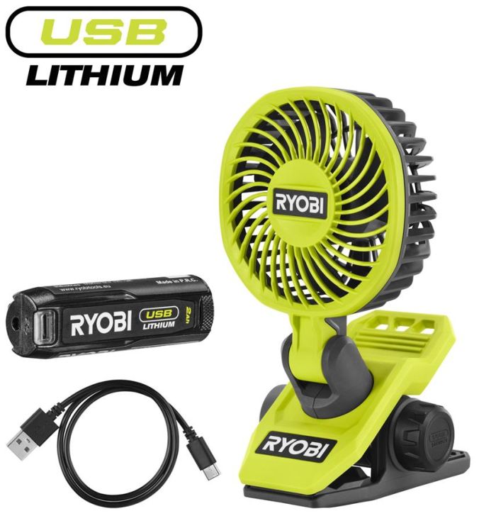 Вентилятор акумуляторний кліпса Ryobi USB Lithium RCF4-120G 4В акб 1х2А·год 3800об/хв обертання 325° поворот 180° 2 швидкості 0.29кг