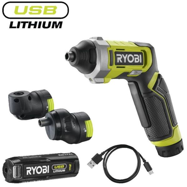 Викрутка акумуляторна Ryobi USB Lithium RSD4-120TA2 4В 1х2А·год 5Нм 200об/хв 2 насадки 10 біт 0.31кг кейс