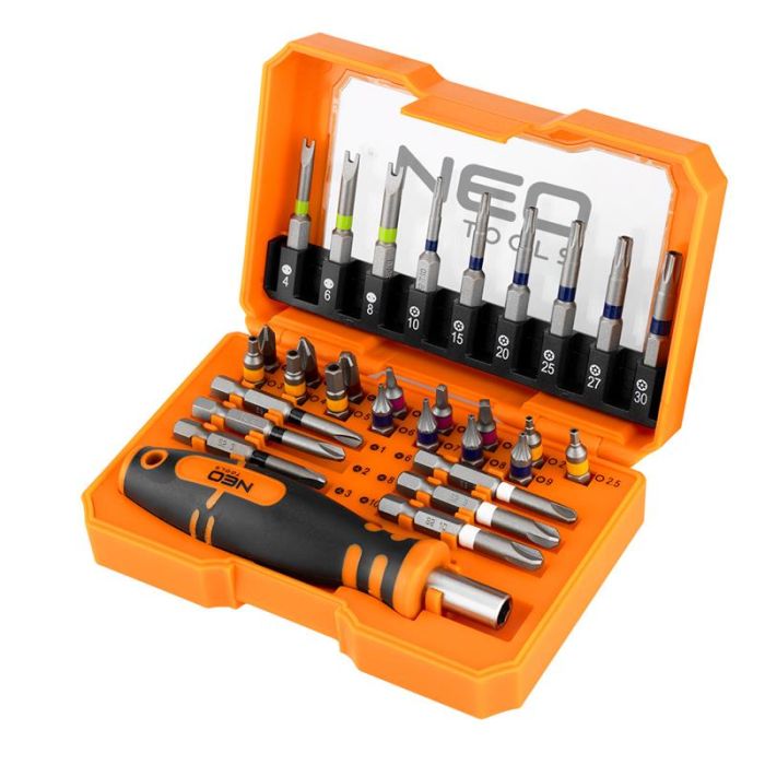 Біти Neo Tools 1/4", бітотримач, PH,R,HT,TT, кейс набір 31шт