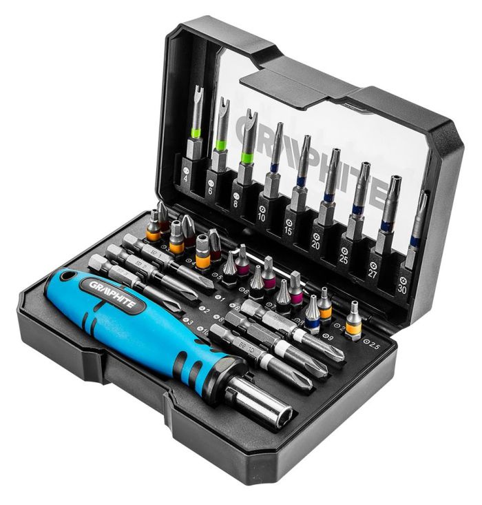 Біти GRAPHITE 1/4", бітотримач, PH,R,HT,TT, кейс набір 31шт