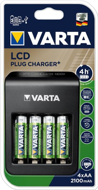 Зарядний пристрій VARTA LCD Plug Charger + Акумулятор NI-MH AA 2100 мАг, 4 шт.