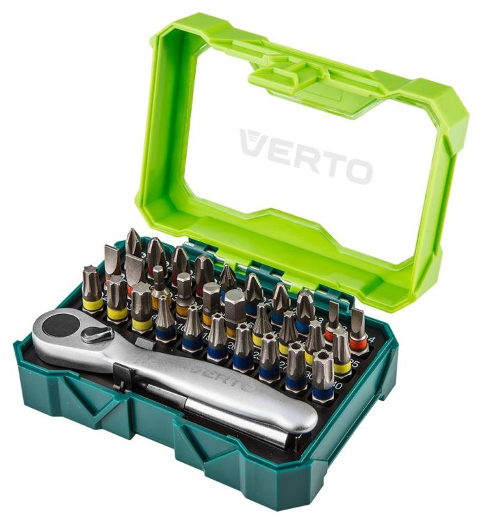 Біти Verto 1/4", бітотримач, ключ з тріскачкою, SL,PH,PZ,H,TT,TX, 25мм, CrV, кейс, набір 32шт
