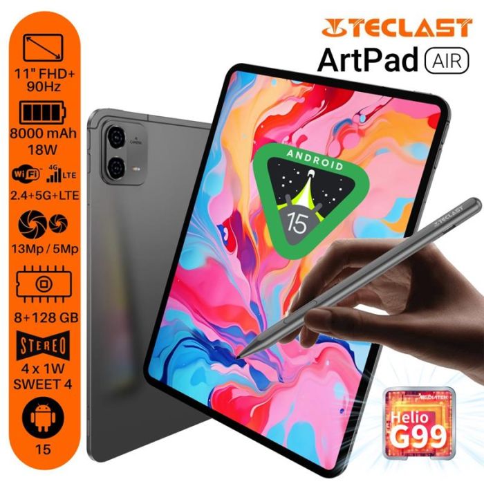 Планшет Teclast ArtPad Air 11" 8ГБ, 128ГБ, LTE, 8000мА•год, Android, сірий