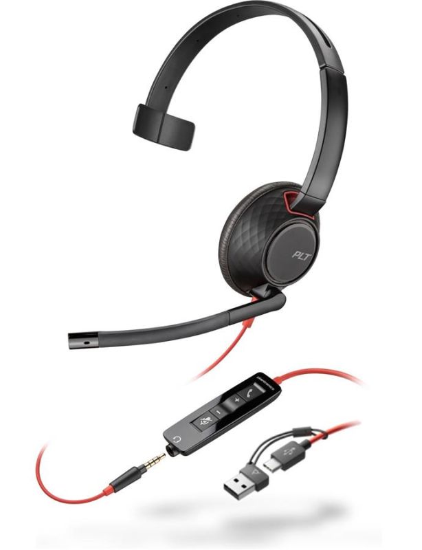 Гарнітура Комп`ютерна моно On-ear Poly Blackwire 5210, USB-A, USB-C, 3.5 мм, всеспрямований, noise cancelling, чорний