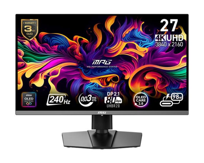 Монітор MSI 26.5" MPG 272URX QD-OLED 2xHDMI, DP, 2xUSB, USB-C, Audio, OLED, 3840x2160, 240Hz, 0.03ms, DCI-P3 99%, G-SYNC, Pivot, HDR400