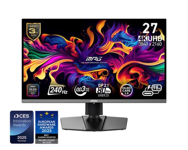 Монітор MSI 26.5" MPG 272URX QD-OLED 2xHDMI, DP, 2xUSB, USB-C, Audio, OLED, 3840x2160, 240Hz, 0.03ms, DCI-P3 99%, G-SYNC, Pivot, HDR400
