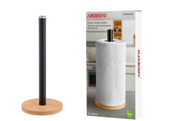 Тримач для паперових рушників ARDESTO Midori 15х34см, метал, бамбук, чорний