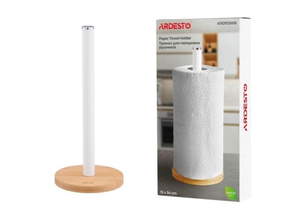Тримач для паперових рушників ARDESTO Midori 15х34см, метал, бамбук, білий