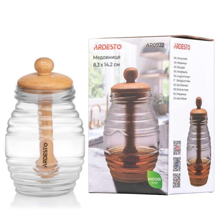 Медовниця ARDESTO Midori, 500мл, 8.3х14.2см, бамбук, скло
