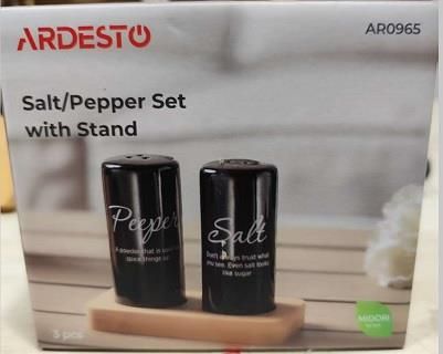 Набір для солі та перцю на підставці Ardesto Midori, 8.5см, 3 предмети, кераміка, бамбук, чорний