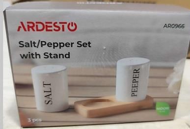 Набір для солі та перцю на підставці Ardesto Midori, 7см, 3 предмети, кераміка, бамбук,, білий