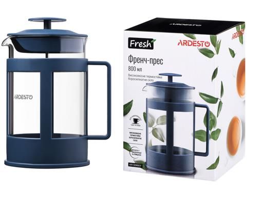 Френч-прес ARDESTO Fresh, 800мл, боросилікатне скло, пластик, прозорий, синій
