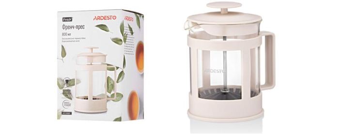 Френч-прес ARDESTO Fresh, 800мл, боросилікатне скло, пластик, прозорий, бежевий