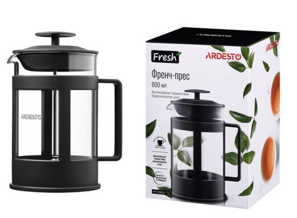 Френч-прес ARDESTO Fresh, 800мл, боросилікатне скло, пластик, прозорий, чорний