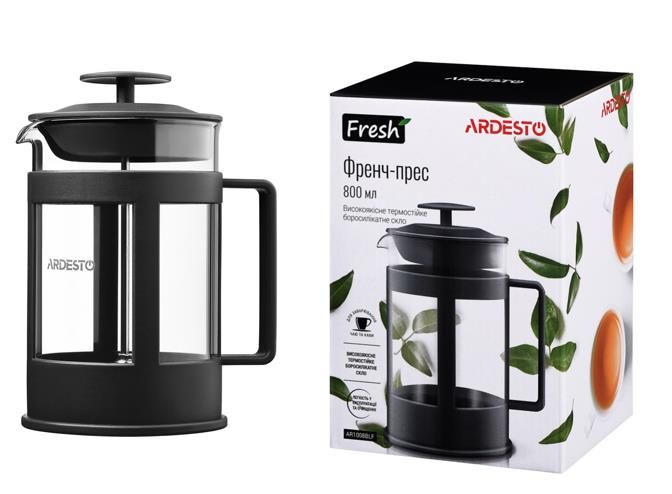 Френч-прес ARDESTO Fresh, 800мл, боросилікатне скло, пластик, прозорий, чорний