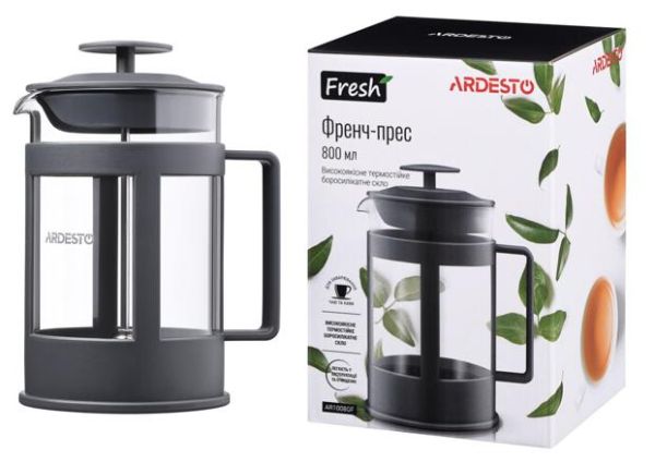 Френч-прес ARDESTO Fresh, 800мл, боросилікатне скло, пластик, прозорий, сірий