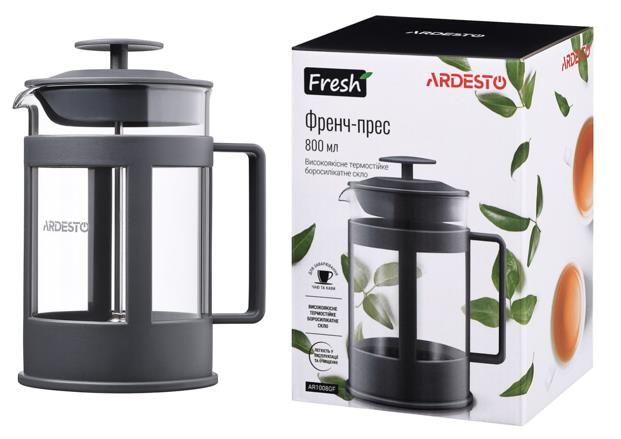 Френч-прес ARDESTO Fresh, 800мл, боросилікатне скло, пластик, прозорий, сірий
