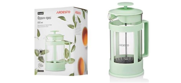 Френч-прес ARDESTO Fresh, 800мл, боросилікатне скло, пластик, прозорий, зелений світлий
