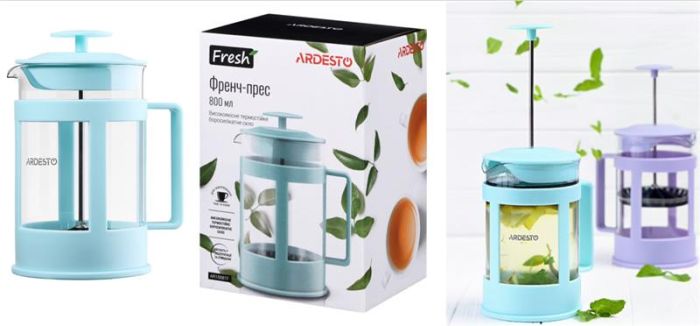 Френч-прес ARDESTO Fresh, 800мл, боросилікатне скло, пластик, прозорий, блакитний