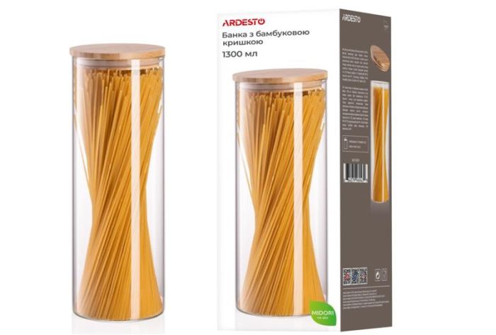 Банка для зберігання ARDESTO Midori, 1300мл, скло, бамбук, кругла, прозорий