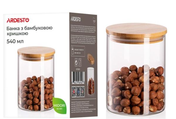 Банка для зберігання ARDESTO Midori, 540мл, скло, бамбук, кругла, прозорий