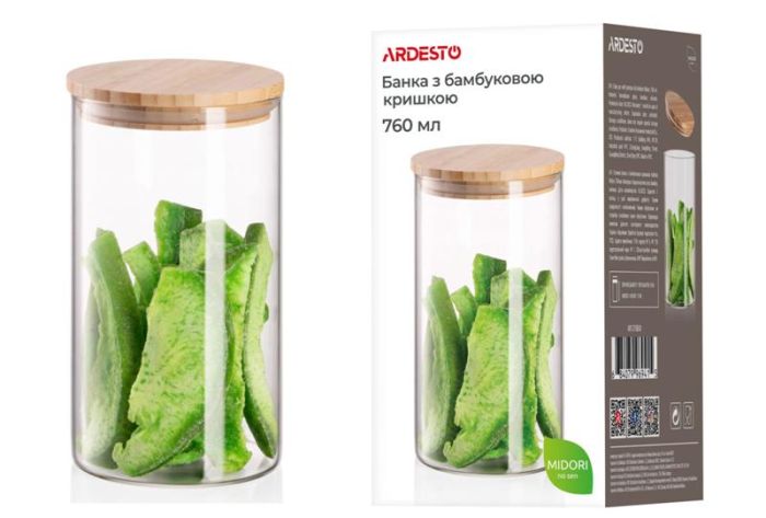 Банка для зберігання ARDESTO Midori, 760мл, скло, бамбук, кругла, прозорий