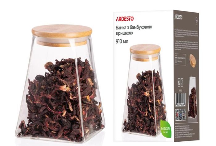 Банка для зберігання ARDESTO Midori, 910мл, скло, бамбук, конусна, прозорий