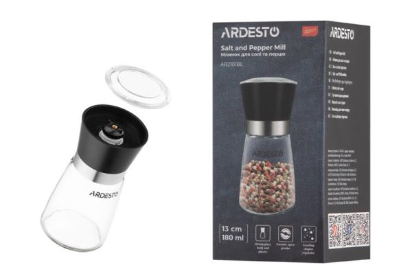 Млинок для солі та перцю ARDESTO Gemini, 180мл, скло, пластик, прозорий, чорний