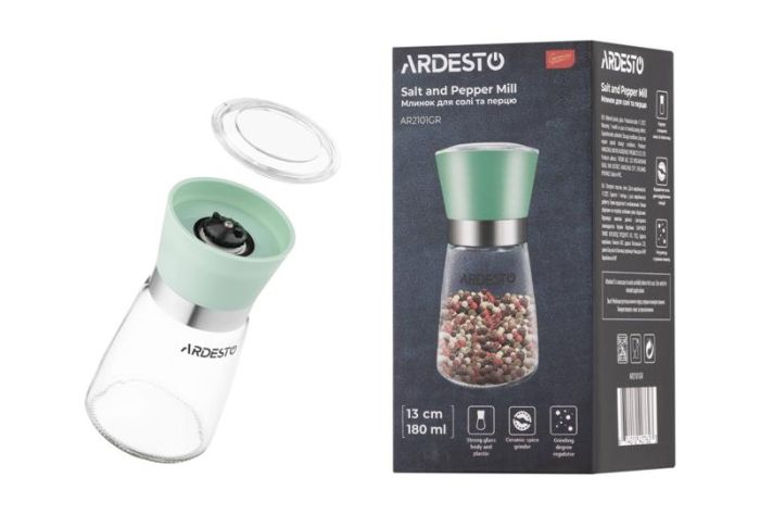 Млинок для солі та перцю ARDESTO Gemini, 180мл, скло, пластик, прозорий, зелений