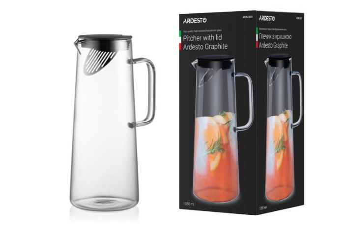 Глечик  з кришкою ARDESTO Graphite, 1350мл, боросилікатне скло, пластик, нержавіюча сталь, сірий