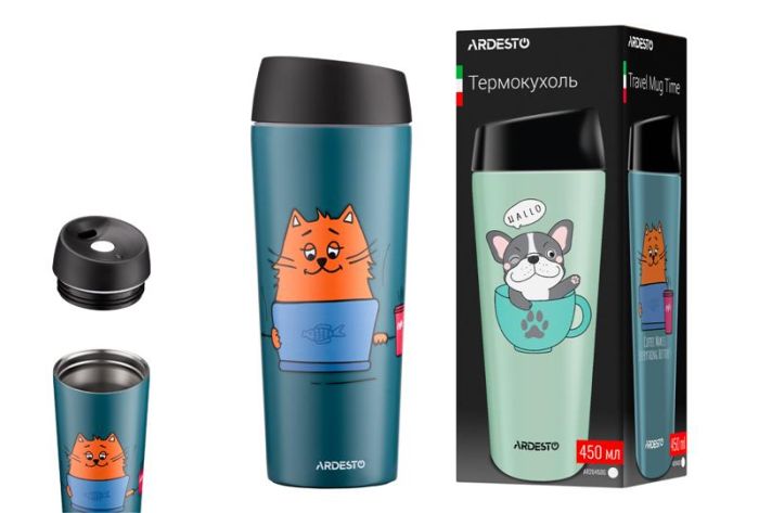 Термокухоль ARDESTO Coffee time Red Cat, 450мл, нержавіюча сталь, синій