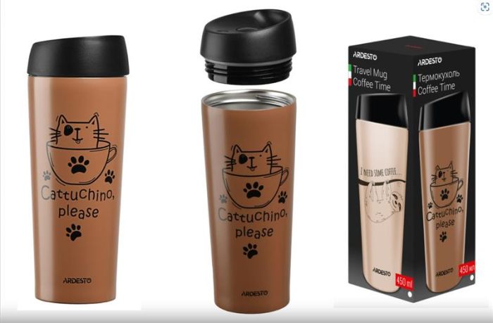 Термочашка ARDESTO Coffee time Cat, 450мл, нержавіюча сталь, коричневий світлий