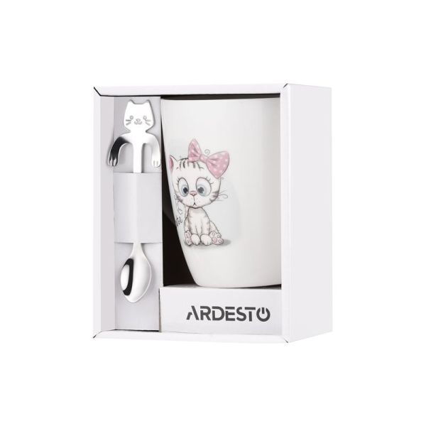 Чашка з ложкою ARDESTO Cute, 320мл, порцеляна, нержавіюча сталь, білий