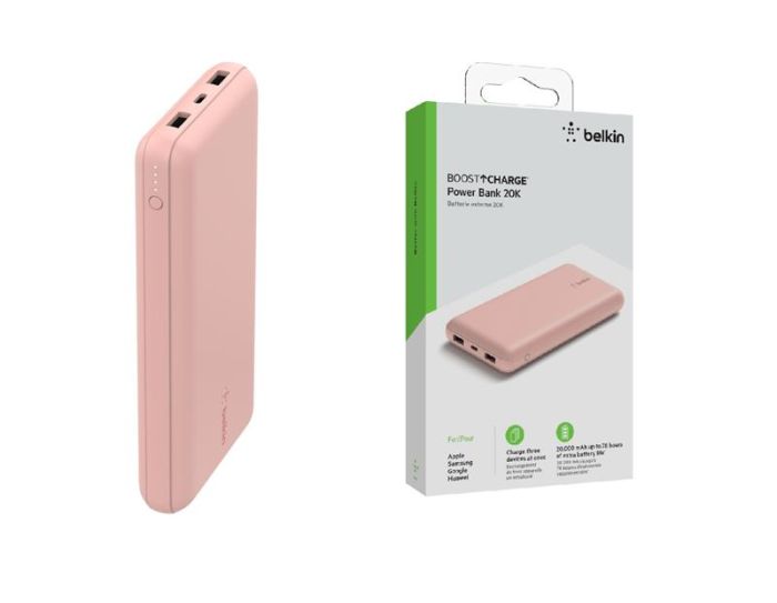 Акумулятор портативний літій-іонний Power Bank Belkin 20000мА·год, 15Вт, 2хUSB-A/USB-C, рожевий
