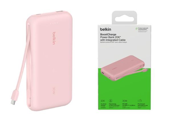 Акумулятор портативний літій-іонний Power Bank Belkin 20000мА·год, 30Вт, з інтегрованим кабелем USB-C, рожевий