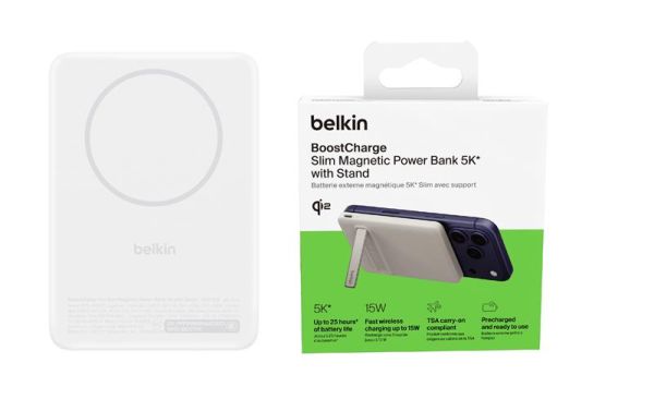 Акумулятор портативний літій-іонний Power Bank Belkin 5000мА·год, 20Вт PD/Qi2 15Вт, Magnetic Kickstand, білий