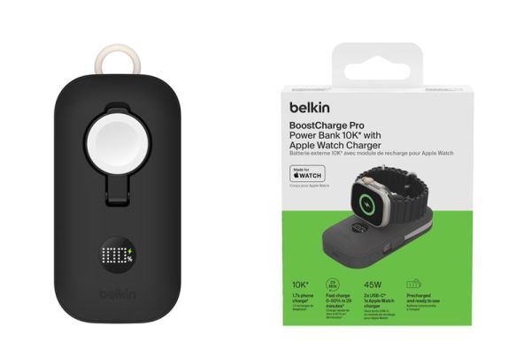 Акумулятор портативний літій-іонний Power Bank Belkin 10000мА·год, 45Вт, з інтегрованим кабелем USB-C, Apple Watch Charger, чорний
