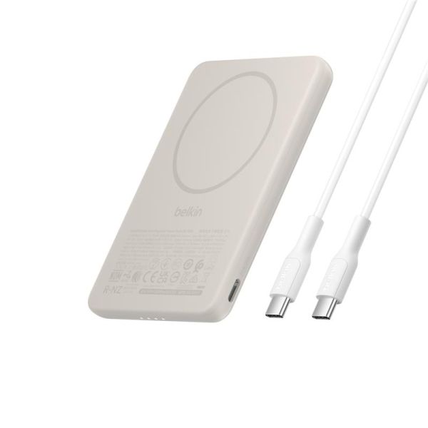 Акумулятор портативний літій-іонний Power Bank Belkin 5000мА·год, 15Вт/Qi2 7.5Вт, Slim Magnetic Ring, пісочний