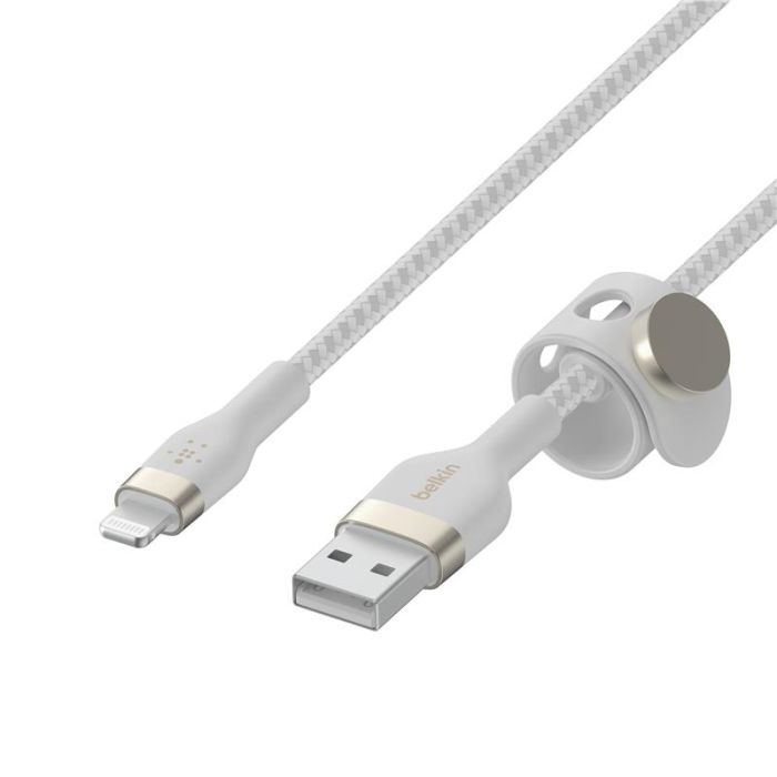 Кабель Belkin USB-A > Lightning заряджання/синхронізації 12Вт, 1м, плетений, силіконовий, з ремінцем на магніті, білий