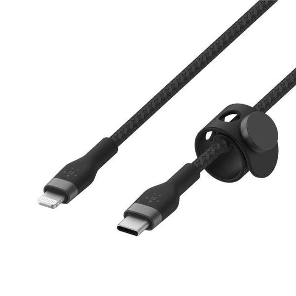 Кабель Belkin USB-C > Lightning заряджання/синхронізації 30Вт PD, 1м, плетений, силіконовий, з ремінцем на магніті, чорний