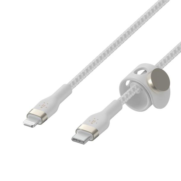 Кабель Belkin USB-C > Lightning заряджання/синхронізації 30Вт PD, 1м, плетений, силіконовий, з ремінцем на магніті, білий