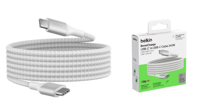 Кабель Belkin USB-C > USB-C заряджання/синхронізації 240Вт PD, 2м, плетений, білий