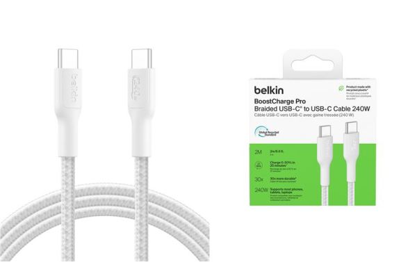 Кабель Belkin USB-C > USB-C заряджання/синхронізації 240Вт PD, 2м, плетений, білий