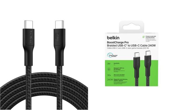 Кабель Belkin USB-C > USB-C заряджання/синхронізації 240Вт PD, 3м, плетений, чорний