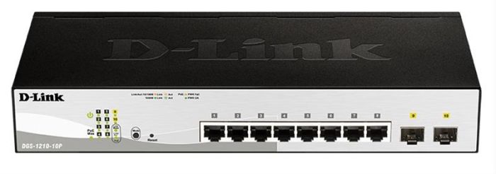 Комутатор D-Link DGS-1210-10P 8xGE PoE, 2xSFP, WebSmart