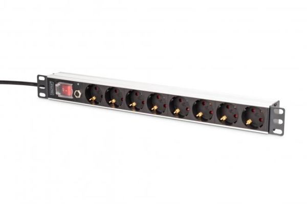 Пристрій розподілу електроживлення DIGITUS 1U, 8xSchuko, 16A, 250V, вимикач, запобіжник, вилка Schuko