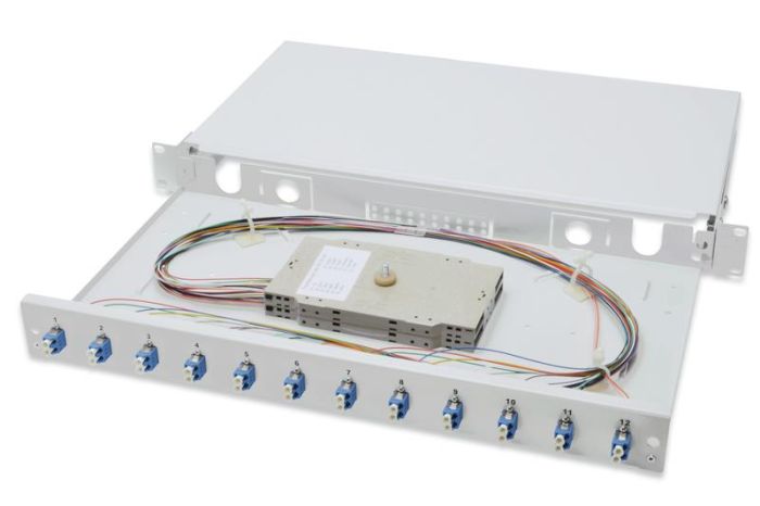 Оптична панель DIGITUS 19' 1U, 12xLC duplex, incl, Splice Cass, OS2 Color Pigtails, Adapter